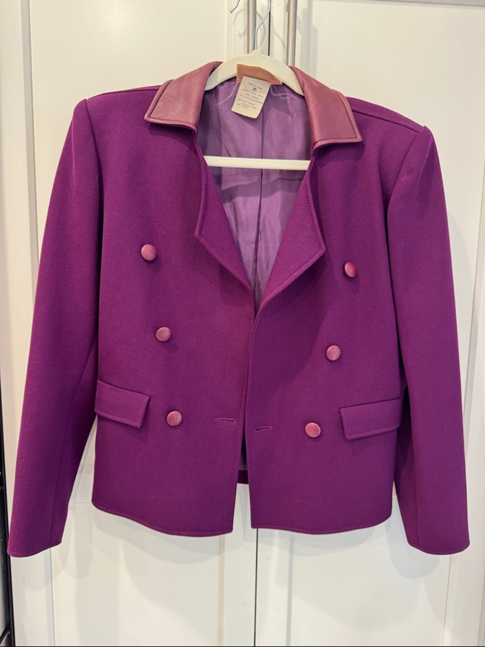 Courreges Purple Double-Breasted Blazer with Leather-Trim Collar